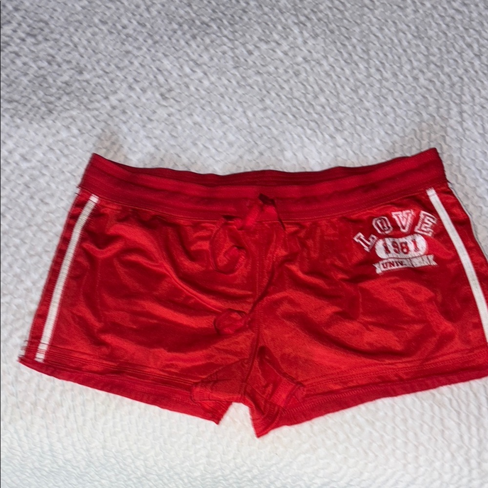 No Boundaries Activewear Red Athletic Shorts White Trim Love 1981 Sporty